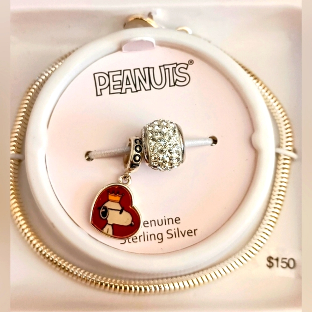Peanuts Snoopy Sterling Silver Crystal Bead Charm Bracelet NEW MIB $150 value
